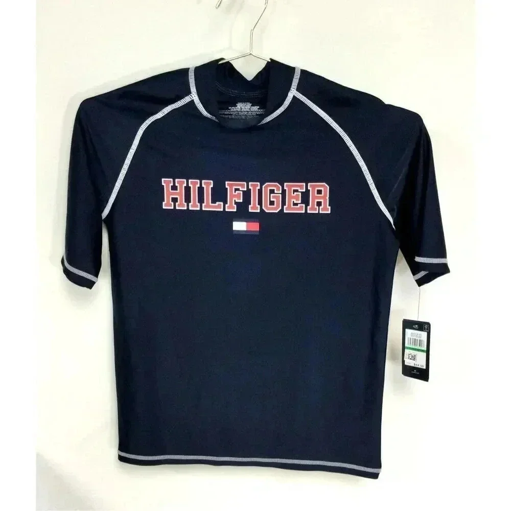 NWT Tommy Hilfiger Boy's Navy Blazer Short Sleeve Mock Neck Rashguard Size Large